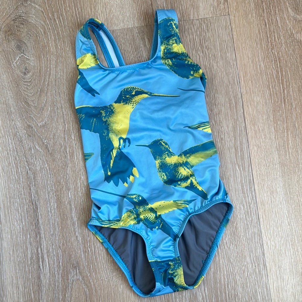 Kids Swimwear with Hummingbird Print - Blue and Yellow